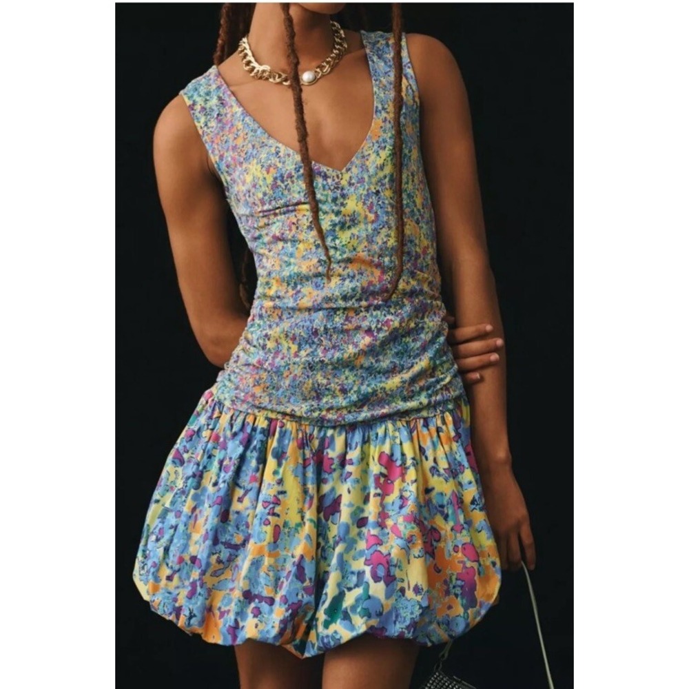 Anthropologie Plenty Tracy Reese V-Neck Bubble Dress Blue Floral Motif L NEW